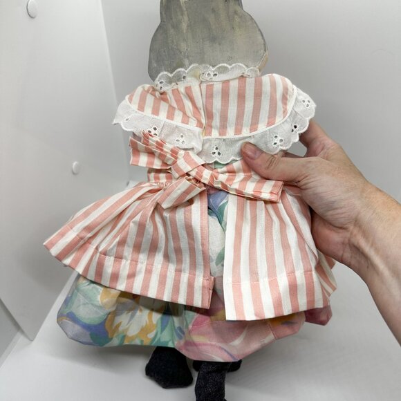 SOLD Vintage Cat Doll Handmade Hand Painted Wood Fabric Lace Art Candy Stripe - Picture 5 of 6
